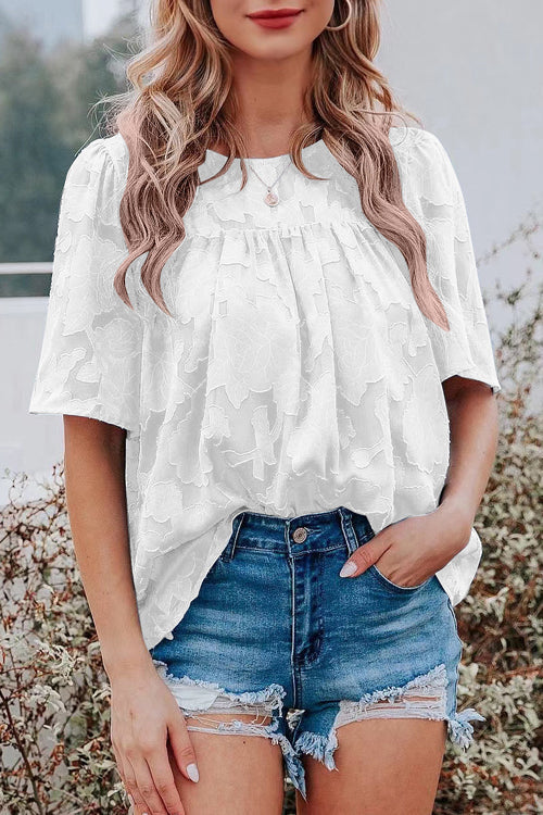 Mind On Golden Glow Floral Jacquard Short Sleeve Top