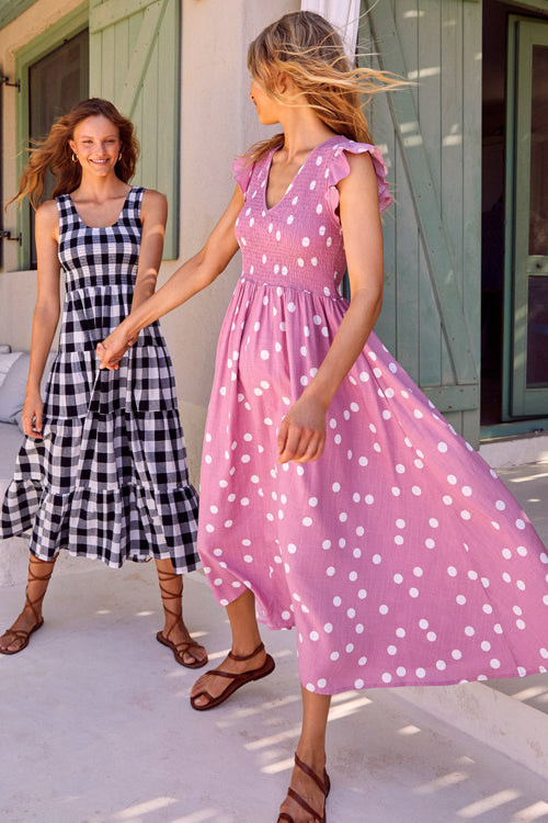Luminous Ruby Pink Polka Dot Pleated Midi Dress