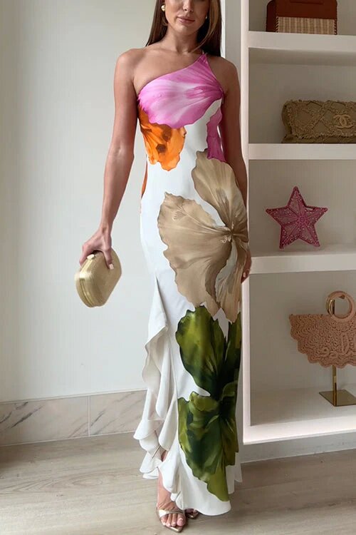 Compelling Romance-Inspired One Shoulder Floral Print Maxi Dress