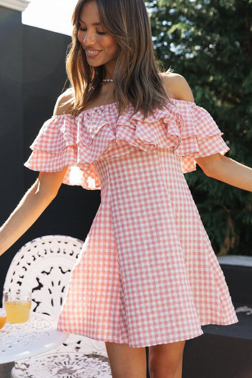 Essentially Delightful Off Shoulder Gingham Mini Dress