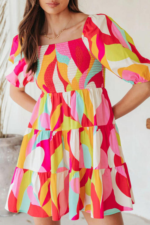 Mood Bold Print Puff Sleeve Smocked Mini Dress