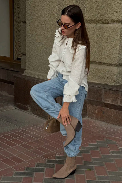 Sunlit Culture White Textured Collared Long Sleeve Top