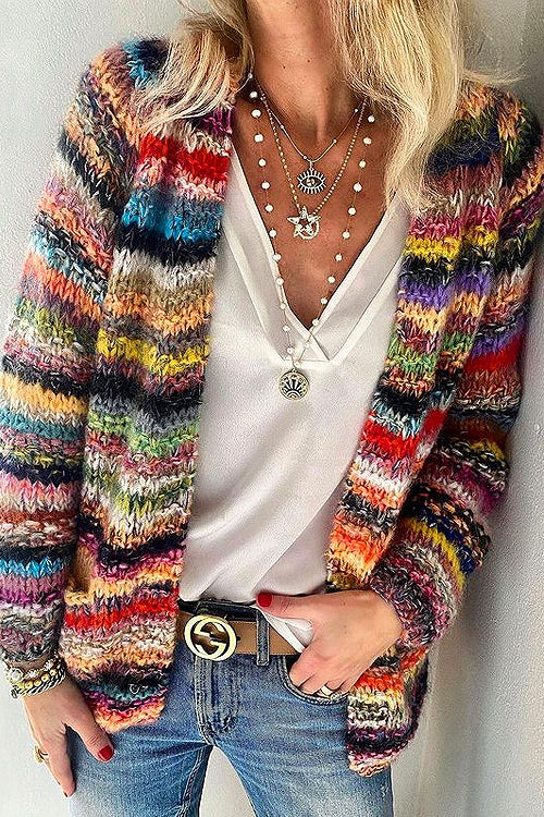 Seasonally Polished Multi Color Stripe Knit Cardigan