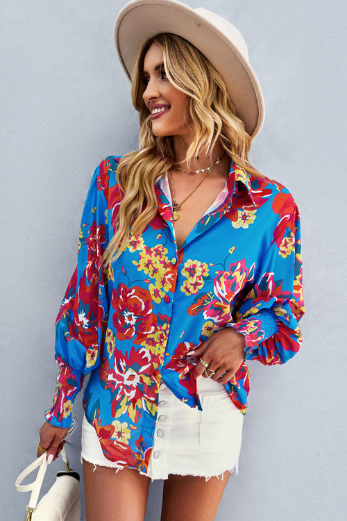 Life Of Affection Print Button Down Smocked Top - 7 Colors