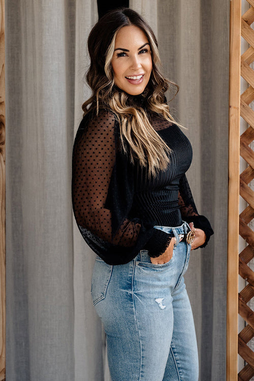 Romance-Inspired History Black Swiss Dot Tulle Long Sleeve Top