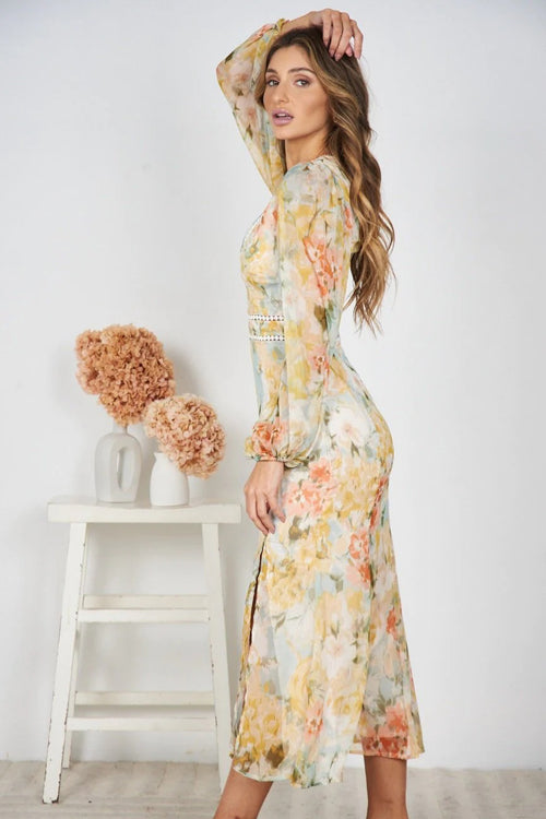 Radiantly Delightful Long Sleeve Floral Print Maxi Dress