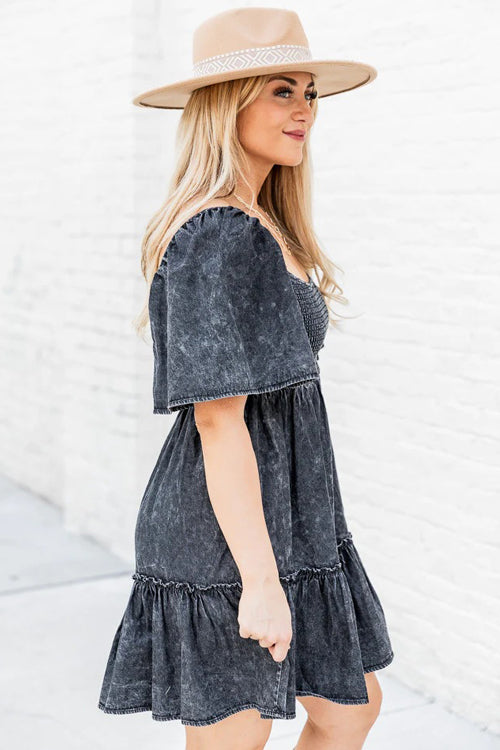 Delightful Charmer Smocked Denim Mini Dress