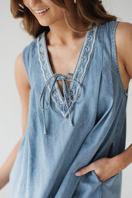 Summer Charmer Lace Pocket Denim Mini Dress