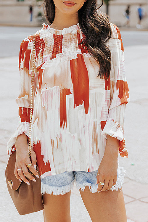 Move To Affection Print Long Sleeve Smocked Top