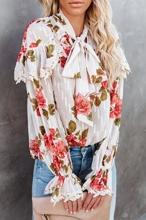 Beloved Reverie Lace Up Floral Print Top