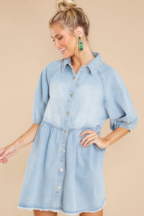 Simply The Affection Denim Puff Sleeve Babydoll Mini Dress