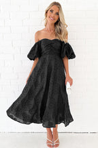 Classic Elegance Puff Sleeve Floral Embroidery Midi Dress