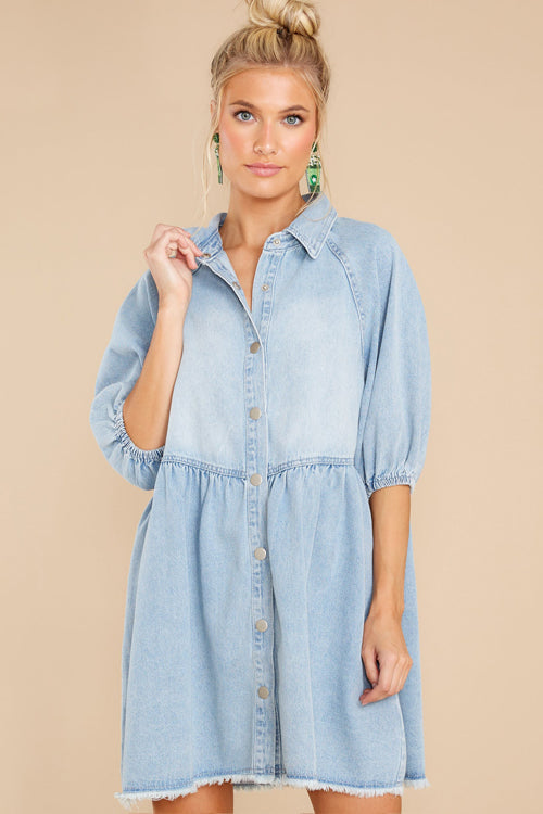Simply The Affection Denim Puff Sleeve Babydoll Mini Dress