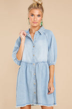 Simply The Affection Denim Puff Sleeve Babydoll Mini Dress
