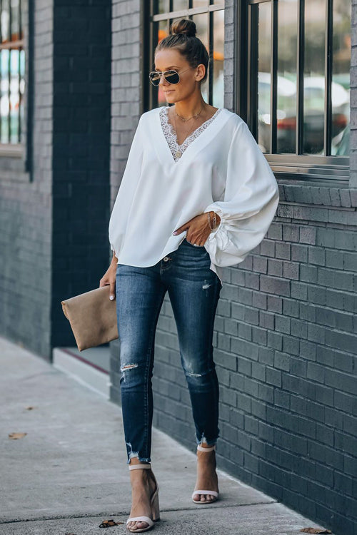 Date Evening Out Lace Balloon Sleeve Top