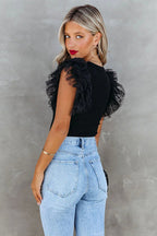 On Your Time Swiss Dot Tulle Sleeve Knit Top