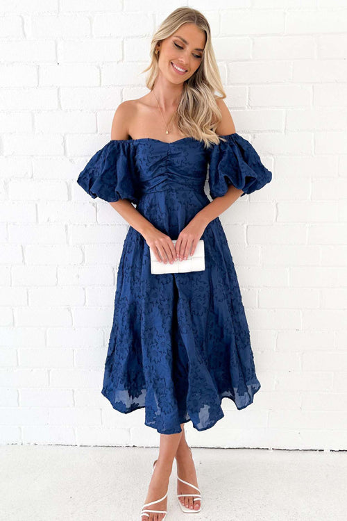 Classic Elegance Puff Sleeve Floral Embroidery Midi Dress