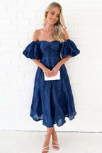 Classic Elegance Puff Sleeve Floral Embroidery Midi Dress