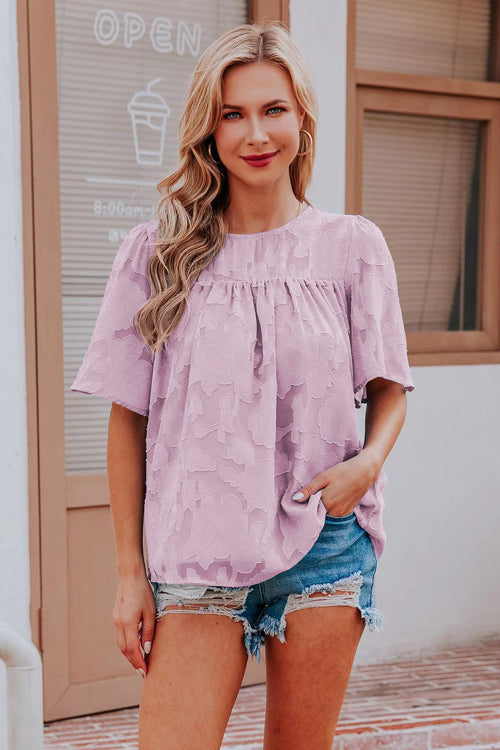 Mind On Golden Glow Floral Jacquard Short Sleeve Top