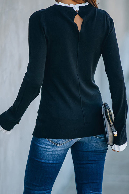 In The Moment White Hem Black Knit Sweater