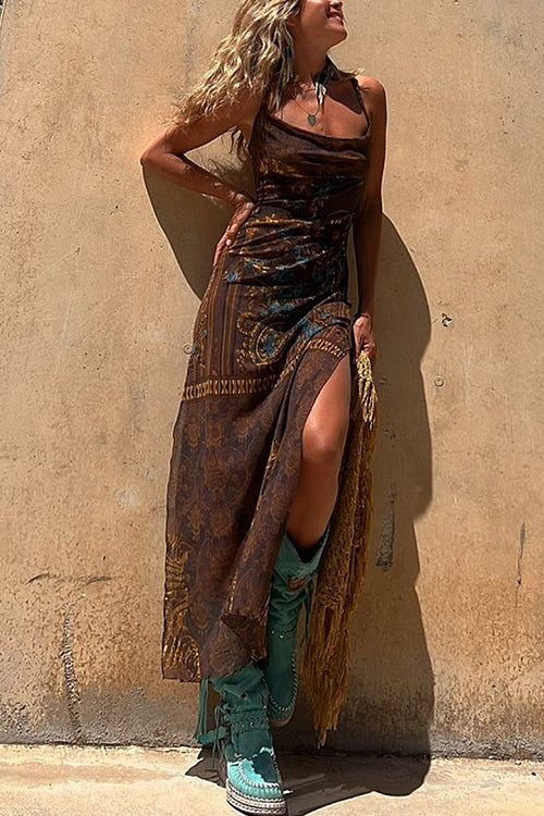 Vibrant Muse Bohemian Print Drawstring Maxi Dress