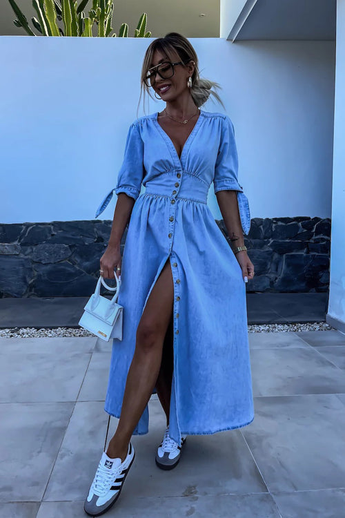 On This Delightful Day Button Down Denim Maxi Dress