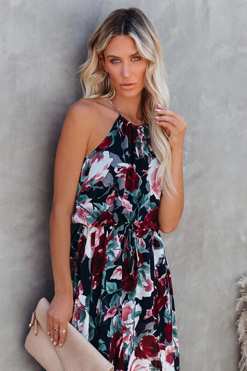 Have Some Playful Spirit Floral Print Halter-Neck Maxi Dress