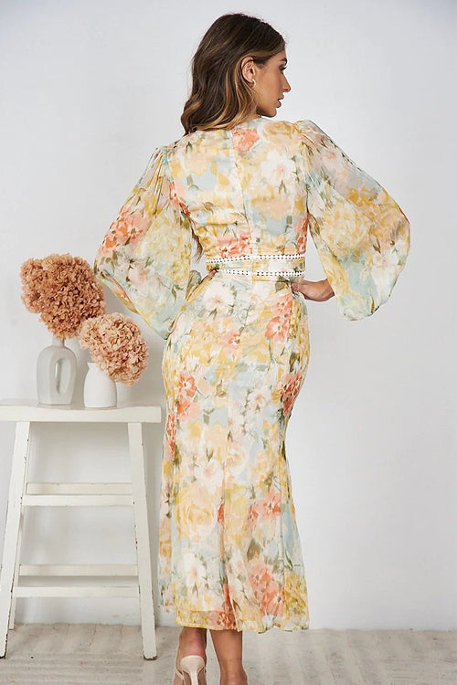 Radiantly Delightful Long Sleeve Floral Print Maxi Dress