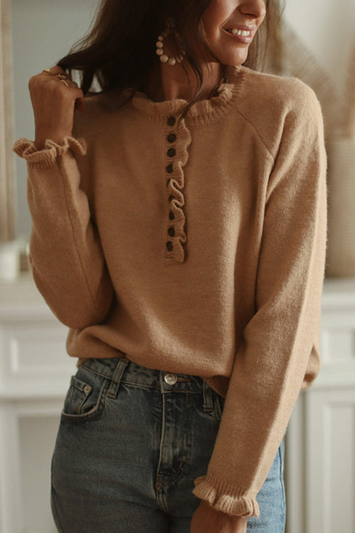 Simply Amazing Button Down Ruffled Knit Sweater