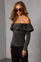 Delightful Charmer Off Shoulder Denim Long Sleeve Top