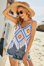 Bright And Beachy Crochet Hollow-Out Tassel Top