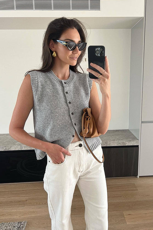 Until We Meet Sleeveless Button Down Knit Top