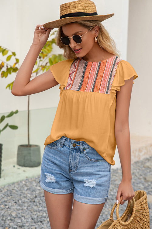 Close Connection Boho Printed Ruffled Top