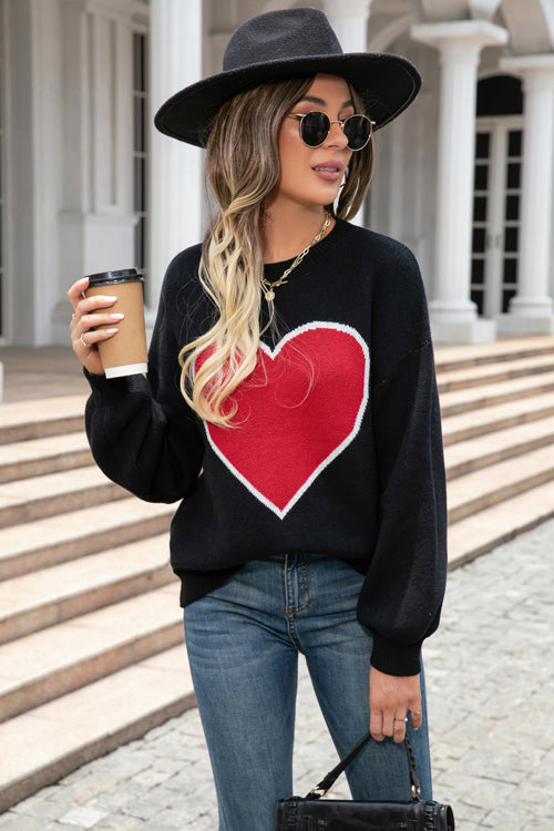 Fell In Affection Heart Long Sleeve Knit Sweater
