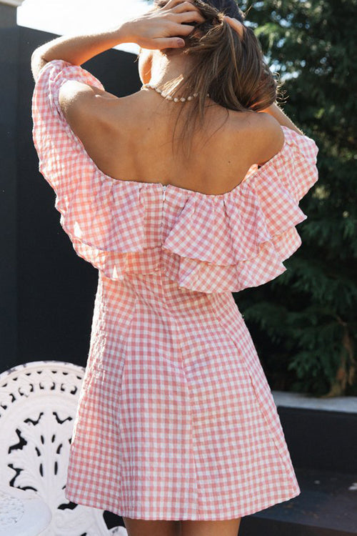 Essentially Delightful Off Shoulder Gingham Mini Dress
