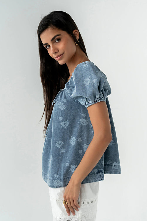 Endlessly Assured Short Sleeve Print Denim Top
