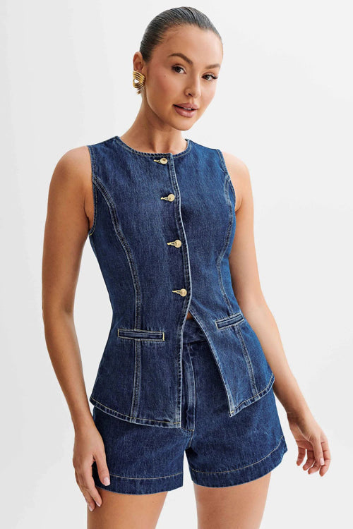 Polished Mood Denim Sleeveless Two-Piece Suit
