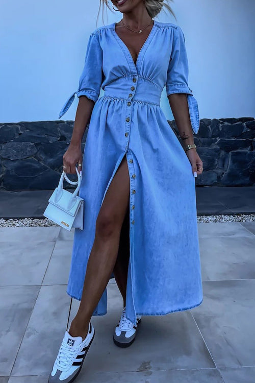 On This Delightful Day Button Down Denim Maxi Dress