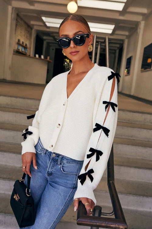 Comfort Ahead Bow Embellished Knit Cardigan