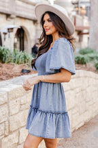 Delightful Charmer Smocked Denim Mini Dress