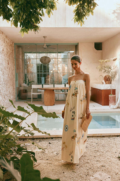 Charming Aesthetic Print Flax Maxi Dress