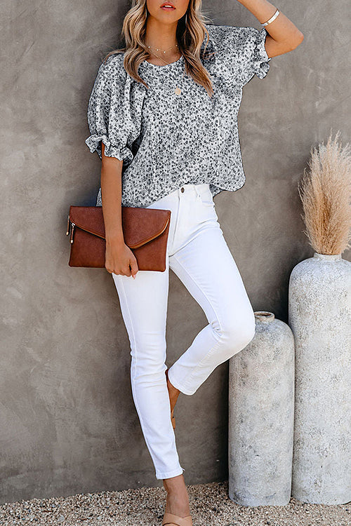 Floral Print Babydoll Puff Sleeve Blouse Top