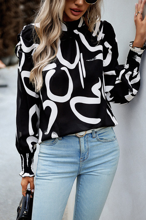 Certain Affection Print Statement Sleeve Smocked Top