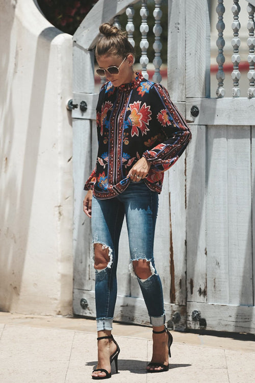 Affection Always Print Smocked Long Sleeve Top