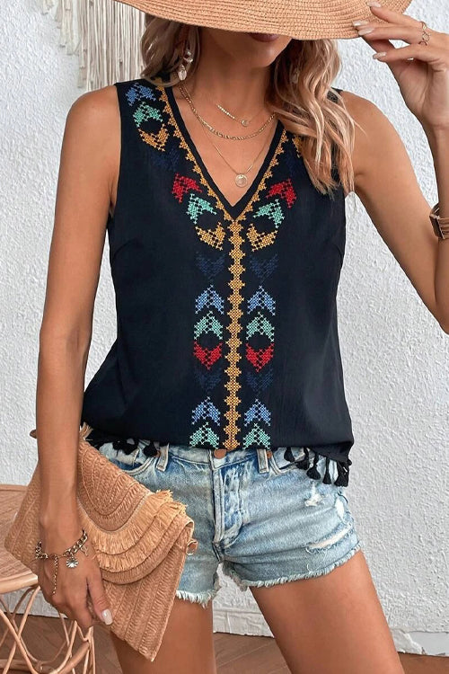 Just Be You Boho Embroidered Tassel Sleeveless Top
