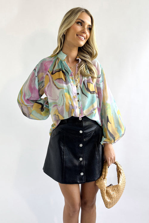 Make Yourself Joyful Print Button Down Long Sleeve Top