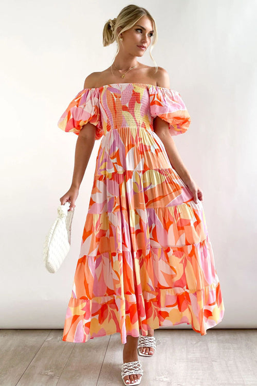 Beloved Daylily Floral Print Off Shoulder Smocked Maxi Dress