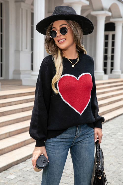 Fell In Affection Heart Long Sleeve Knit Sweater