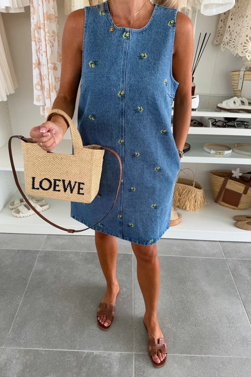Enchanted Strolls Embroidered Tie-Back Denim Mini Dress