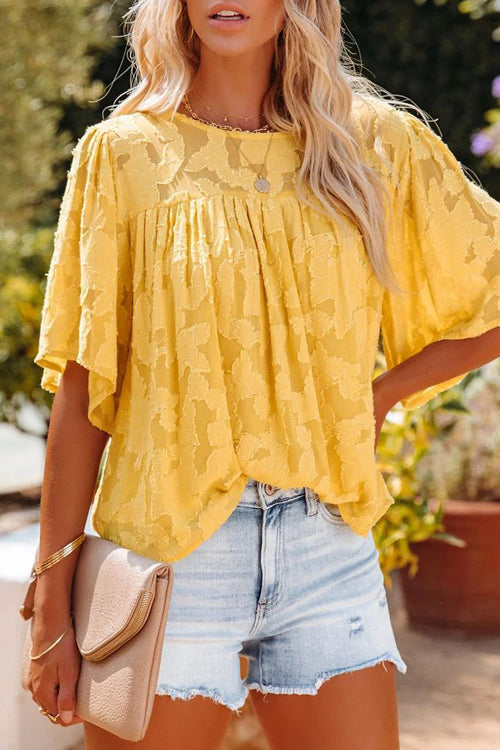 Mind On Golden Glow Floral Jacquard Short Sleeve Top